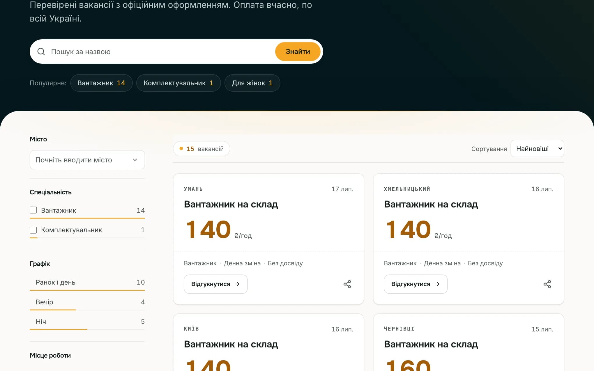 Сторінка вакансій Profline: пошук, фільтри й картки вакансій
